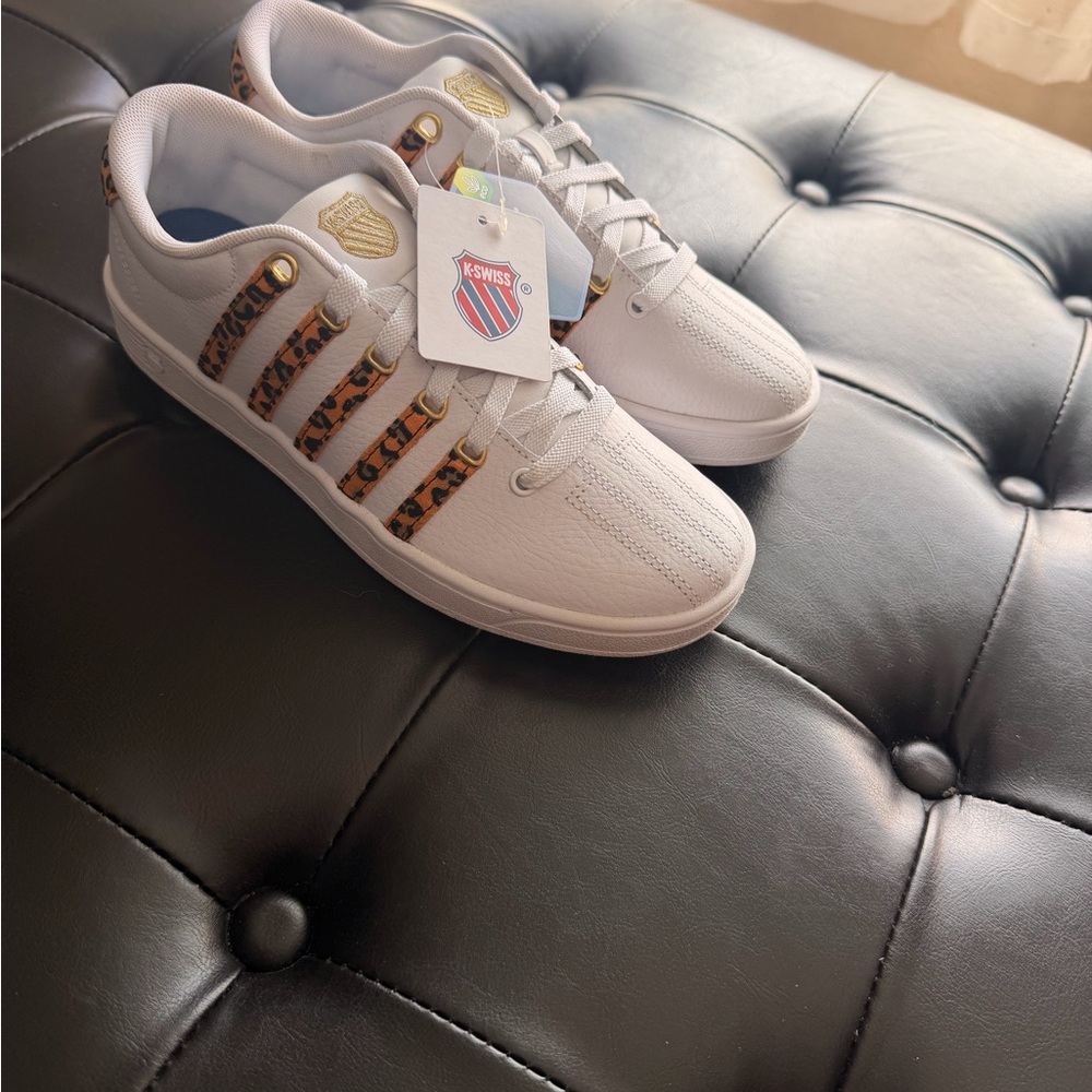 K-Swiss White Low-Top Sneakers with Leopard Stripe Accents